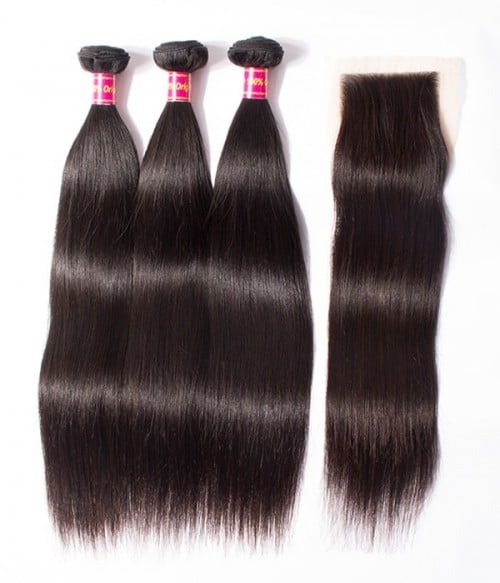 3 Bundles Straight Brazilian Hair Weave With 4 4 Lace Closure