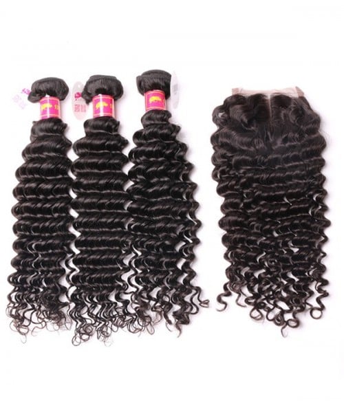 3 Bundles Deep Curly Brazilian Hair Weave With 4 4 Lace Closure