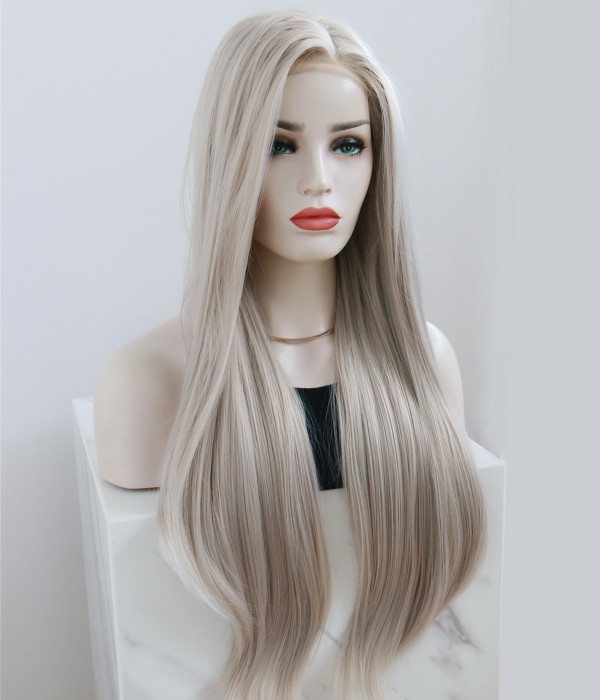 Smokey l Gray With Creamy Yellow Highlights Straight Long Lace Front ...