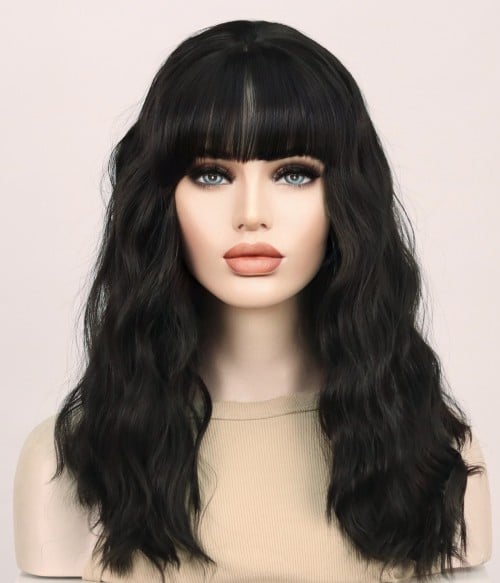 Dark Witch | Black Medium Length Wavy Synthetic Lace Front Wig with ...